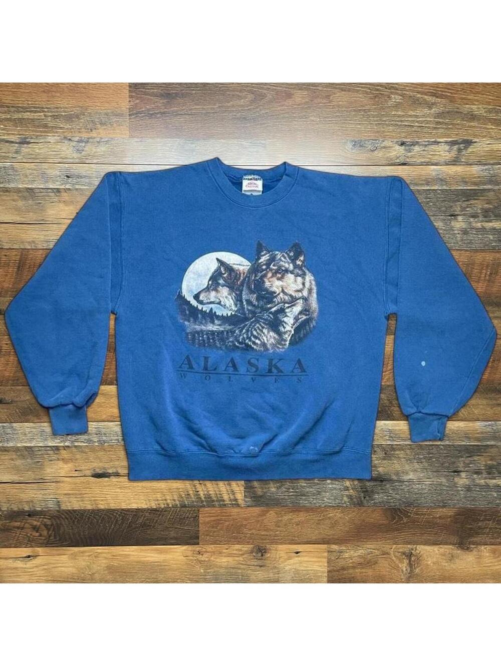 Vintage 90s Alaska Wolf Blue Pullover Sweatshirt Mens L Made in USA